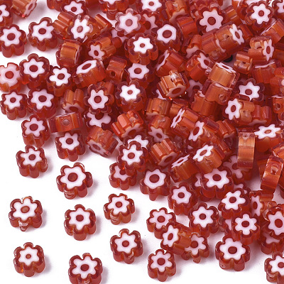 ガラスビーズ  花  レッド  5~7x5~7x2~3mm  穴：1mm&nbsp;GLAA-T019-08-A02-1