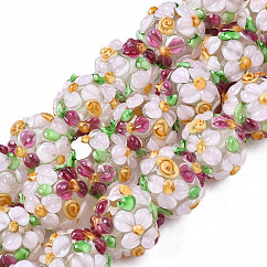 手作りランプワークビーズ連売り  バンピー  花の丸  ラベンダーブラッシュ  12~13x11~12mm  穴：1mm  約45個/連  19.29インチ（49cm）