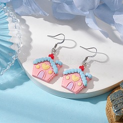 クリスマス 樹脂 ダングル イヤリング  304ステンレススチールピアスフック付き  ハウス  ピンク  ステンレス鋼色  39x20.5mm&nbsp;EJEW-JE06087