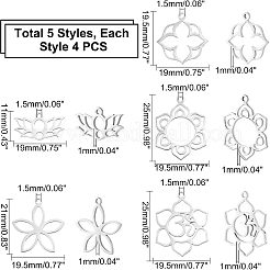 20個5スタイルのステンレススチールペンダント  レーザー切断  花  ステンレス鋼色  4個/スタイル&nbsp;STAS-UN0031-28