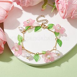 アクリルフラワー＆ガラスパールチャームブレスレット  真鍮のチェーン入り  ピンク  6-7/8~7-1/8インチ（17.5~18cm）&nbsp;BJEW-JB10054-02