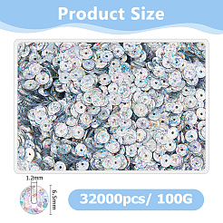 100g PVC スパンコールビーズ  半カップ状のスパンコールビーズ  中ハート孔  ディスク  銀  6.5x0.5mm  穴：1.2mm  32000個/ 100g&nbsp;DIY-DC0003-71A