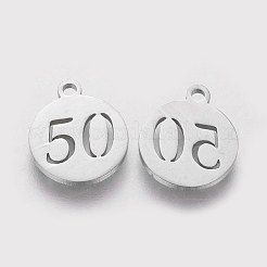 変色しない201ステンレススチールチャーム  番号付きのフラットラウンド50  ステンレス鋼色  14.1x11.8x1mm  穴：1mm&nbsp;STAS-Q201-T184