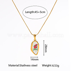花柄プリントの304ステンレススチール製幾何学模様ペンダントネックレス（女性用）  ゴールドカラー  ホワイト  オーバル  17.72インチ（45cm）  ペンダント：28x14mm&nbsp;WG37CA3-01