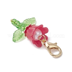 花のアクリルとプラスチックの模造真珠ビーズと日本のシードビーズのペンダント装飾  亜鉛合金カニカン付き  ゴールドカラー  36mm  7個/セット&nbsp;HJEW-JM03232-02