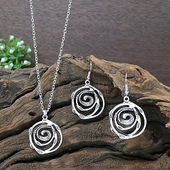 中空渦巻き合金ペンダントネックレス＆ダングルイヤリングセット  アンティークシルバー  385mm&nbsp;FS-WGFAC7B-01