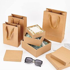 ハンドル付き長方形クラフト紙袋 6スタイル 6個  ジュエリーパッケージ  四角い紙のギフトボックス付き  不滅のフラワーボックス  結婚披露宴はラッピングを好む  バリーウッド  紙袋: 3個  ボックス: 3 個&nbsp;CON-BC0002-39