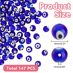 3連売りの手作りイーブルアイランプワークラウンドビーズ連売り  ブルー  8mm  穴：1mm  約49個/連  14.17インチ&nbsp;LAMP-HY0001-13A