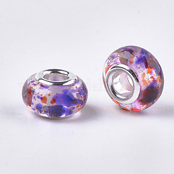 レジンヨーロピアンビーズ  大穴ビーズ  シルバーカラーメッキ真鍮コア付き  ロンデル  カラフル  14x8.5~9mm  穴：5mm&nbsp;RPDL-S013-09F