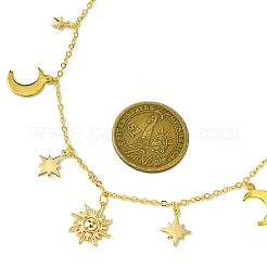 月と星と太陽の真鍮ペンダントネックレス  304ステンレススチールアズキチェーンネックレス  ゴールドカラー  15.94インチ（40.5cm）&nbsp;X1-NJEW-TA00164