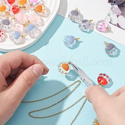30個6色透明ガラスペンダント  ゴールドトーンの合金ループとエナメルを使用  猫の足跡チャーム  ミックスカラー  18.5x14.5x7.5mm  穴：1.6mm  5個/カラー&nbsp;GLAA-CJ0002-17