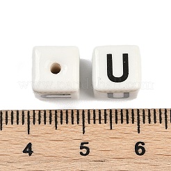 磁器のビーズ  文字のある正方形  U字  8.5x8.5x8.5mm  穴：1.6mm&nbsp;PORC-R003-08U