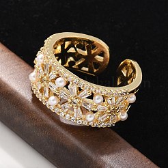 真鍮マイクロペーブクリアキュービックジルコニアカフリング  カドミウムフリー＆鉛フリー  absプラスチックパール  花  18KGP本金メッキ  8.5mm&nbsp;RJEW-C120-22G