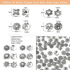200 個 10 スタイル チベット スタイル合金ビーズ キャップ  花  アンティークシルバー  6~9x6~9x2~3mm  穴：1~1.6mm  20個/スタイル&nbsp;TIBE-CJ0001-22