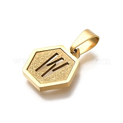 304ステンレススチールチャーム  18KGP本金メッキ  レターチャーム付き六角形  文字W  15x14x1.5mm  穴：3x5.5mm&nbsp;LS-STAS-H227-01G-W