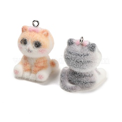 不透明樹脂のペンダント  リボンのチャームが付いた猫  プラチナ鉄ループ付き  ミックスカラー  27x19x20mm  穴：2mm&nbsp;FIND-E060-06