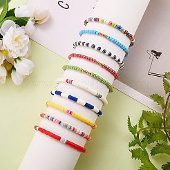 10個10スタイル手作りポリマークレイヘイシサーファーストレッチブレスレットセット  女性のためのガラスシードビーズプレッピーブレスレット  ミックスカラー  内径：2インチ（5.2cm）  1個/スタイル&nbsp;BJEW-SW00048