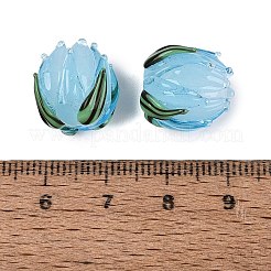 手作りランプワークビーズ  葉付きチューリップ  ライトスカイブルー  13~15x12~14x12~14mm  穴：1~1.6mm&nbsp;LAMP-Q039-18C