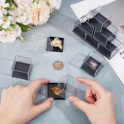 PS プラスチック製ミニフィギュア ディスプレイケース  ブラックベースのカウンタートップ防塵アクションフィギュア人形収納オーガナイザーショーケースボックス  正方形  透明  4x4x3.25cm&nbsp;CON-WH0025-224B