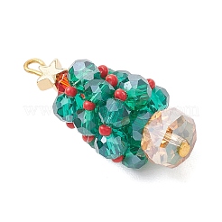 電気メッキガラスチャーム  スター付きクリスマスツリー  真鍮ビーズと鉄ループ付き  多面カット  グリーン  38.5x17mm  穴：2.3mm&nbsp;PALLOY-MZ00842-01