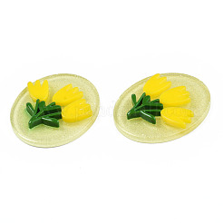 アクリル樹脂  グリッターパウダー付き  花とオーバル  きいろ  29.5x25x4.5mm&nbsp;KY-Q058-030-01