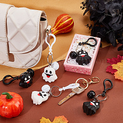 ハロウィンテーマのかわいい漫画PVCゴーストペンダントキーチェーン（ベルチャーム付き）12個、2色  鉄パーツ  ミックスカラー  11.6cm  6個/カラー&nbsp;KEYC-CP0001-15