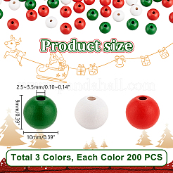 クリスマス天然木ビーズ 600色 3個  染め  ラウンド  ミックスカラー  10x9mm  穴：2.5~3.5mm  200個/カラー&nbsp;WOOD-GA0001-57