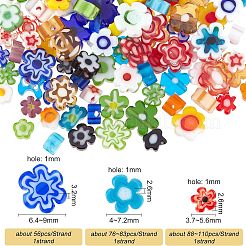 3連売り3スタイルの手作りミルフィオリガラスビーズ連売り  花  ミックスカラー  3.7~6.4x2.6~3.2mm  穴：1mm  1連/スタイル&nbsp;LAMP-OC0001-50B