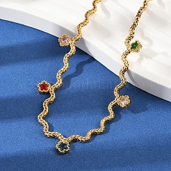 304ステンレススチールロープチェーン、カラフルなキュービックジルコニアタッセルネックレス（女性用）  ゴールドカラー  花  16.22インチ（41.2cm）&nbsp;NJEW-V015-01G-C