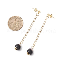 ガラスの模造真珠の丸いタッセルスタッドピアス  アクリルビーズキャップ、304ステンレススチールチェーンエクステンダー、真鍮スタッドピアス金具、真鍮フリクションイヤナット付き  ゴールドカラー  ブラック  81x12mm&nbsp;EJEW-JE06453-01