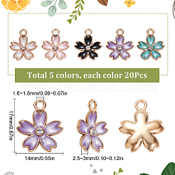 100本5スタイルアロイエナメルペンダント  クリスタルラインストーン付き  さくらの花  ミックスカラー  17x14x2.5~3mm  穴：1.6~1.8mm  20個/スタイル&nbsp;ENAM-SC0003-41