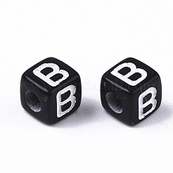 不透明なアクリルビーズ  水平穴  アルファベットスタイル  キューブ  ブラック＆ホワイト  文字.b  5x5x5mm  穴：2mm  約3310個/331g&nbsp;SACR-N002-01B