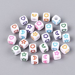不透明なアクリルビーズ  月と星とハートと花のクラフトキューブビーズ  ミックスカラー  6x6x6mm  穴：3.5mm  約3571個/500g&nbsp;SACR-Q001-09C