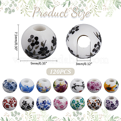 花柄プリントの磁器ビーズ 120個  花柄のロンデル型セラミックビーズ  ミックスカラー  9x7.5mm  穴：3mm&nbsp;PORC-ME0001-17