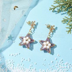 ガラスの星のスタッドピアス  真鍮製キュービックジルコニアスタッドピアス金具付き  ゴールドカラー  オールドローズ  45x25mm&nbsp;EJEW-MZ00256-02