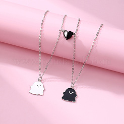 ゴースト合金ブラック＆ホワイトエナメルスプリットペンダントベストフレンドネックレス、ハートマグネット留め金付き2個  プラチナ  17.72インチ（45cm）&nbsp;FS-WG095C9-01