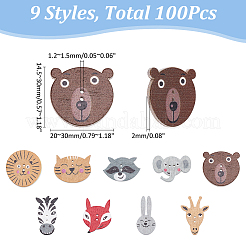 2袋プリント木製ボタン  動物  2穴  ミックスカラー  20~30x14.5~30x2mm  穴：1.2~1.5mm  50個/袋&nbsp;BUTT-WR0001-31