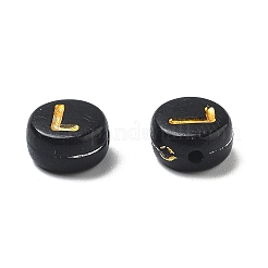 不透明なメッキアクリルビーズ  ゴールドライン入り  アルファベット付きフラットラウンド  文字l  7x3.5mm  穴：1.2mm  約3846個/500g&nbsp;OACR-R005-03L