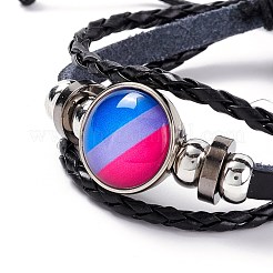 Puレザー編組コードマルチ連ブレスレット  男性女性のためのストライプ模様の合金リンクとビーズブレスレットを備えたフラットラウンド  プラチナ  濃いピンク  内径：2-1/4~ 3-1/4インチ（5.8~8.2cm）&nbsp;BJEW-F427-01B