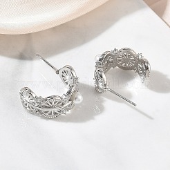 女性のための真鍮のスタッドピアス  花  ABSの模造パールと  ハーフフープピアス  ラックめっき  長持ちメッキ  鉛フリー＆カドミウムフリー  プラチナ  17x9.5mm&nbsp;EJEW-A168-13P
