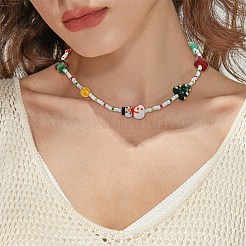 天然水晶 & 染色馬山翡翠 & ランプワーク ビーズ ネックレス  女性用ギフトボックス&ツリー&雪だるまクリスマスネックレス  カラフル  16.30インチ（41.4cm）&nbsp;NJEW-TA00075