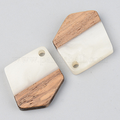 不透明な樹脂とクルミ材のペンダント  ポリゴン  フローラルホワイト  21x18.5x3mm  穴：2mm&nbsp;RESI-S389-033A-C04