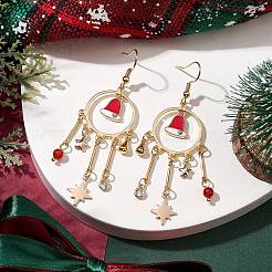 真鍮製ダングルピアス  クリスマスベル合金エナメルチャームと天然カーネリアンと真鍮の留め具付き女性用  ゴールドカラー  71x24mm&nbsp;EJEW-TA00454