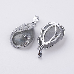 天然石ラブラドライトペンダント  真鍮のパーツと  孔雀と涙  プラチナ  33x20x10.5mm  穴：5x6.5mm&nbsp;X-G-E442-04S