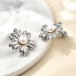 304ステンレススチールスタッドピアス金具  天然淡水パール  花  ステンレス鋼色  20.5x19.5mm  穴：2.5mm  ピン：11.5x0.7mm&nbsp;EJEW-F361-15P