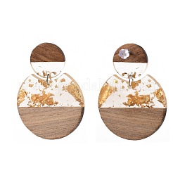 透明樹脂＆ウォールナットウッドダングルスタッドピアス  金箔  スチールピンとプラスチックイヤーナット  フラットラウンド  ゴールド  49.5mm  ピン：0.7mm&nbsp;EJEW-JE04281-01