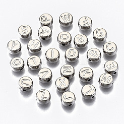 CCBプラスチックビーズ  水平穴  アルファベット付きフラットラウンド  プラチナ  7x4mm  穴：1.8mm  約330個/50g&nbsp;X-CCB-N004-002P