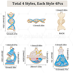 16個4スタイルアロイエナメルペンダント  ゴールドカラー  化学分子、DNA、顕微鏡、試験チューブカップ  ライトスカイブルー  21~28x12~26x1.5mm  穴：1.6~1.8mm  4個/スタイル&nbsp;FIND-SC0011-01
