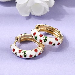 チェリー柄の真鍮製エナメルフープピアス  ラックめっき  長持ちメッキ  カドミウムフリー＆鉛フリー  18KGP本金メッキ  ホワイト  19.5~20x5mm&nbsp;EJEW-G471-01G-01