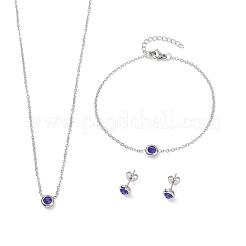304ステンレススチールジュエリーセット  ペンダントネックレス＆スタッドピアス＆ブレスレット  ラインストーン付き  フラットラウンド  ブルー  ステンレス鋼色  16.54インチ（42cm）  6-3/4インチ（17cm）  6.5x3.5mm  ピン：0.8mm&nbsp;SJEW-H144-24B-P